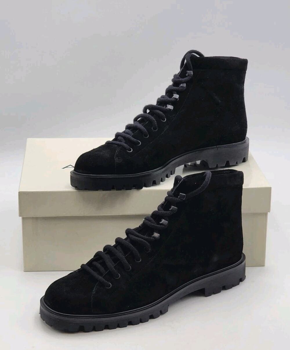 ANNE KLEIN Ander Black Suede Combat Booties Size 7 Lug Lace-Up Italy New In Box